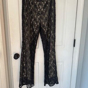 Sténay vintage beaded sequin lined lace pants Black Sheer Lace Flared Pants
